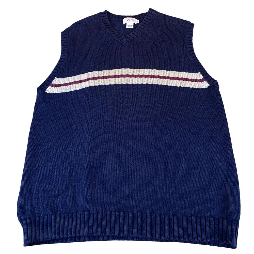 J.CREW Vest‎ Mens Large Navy Knit 100% Cotton Sleeveless V Neck Pullover